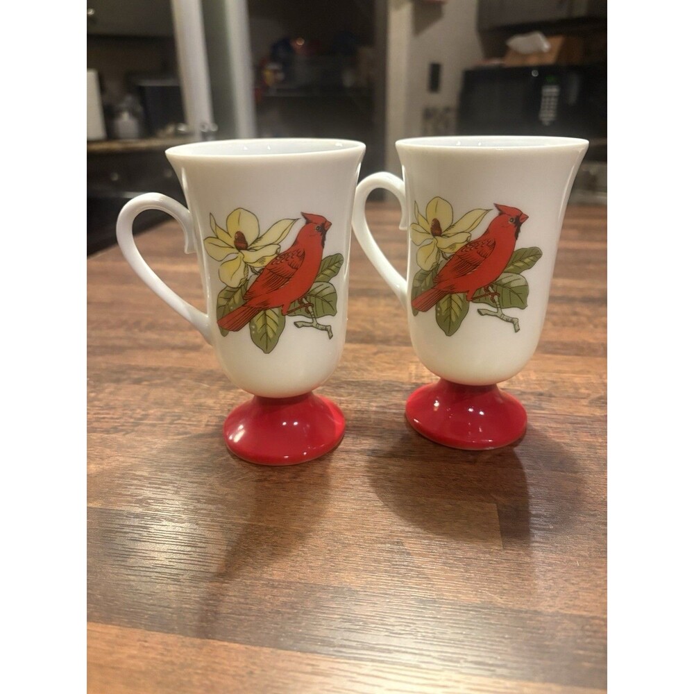 2 vintage Fred Roberts Songbird pedestal mugs, featuring a red cardinal bird
